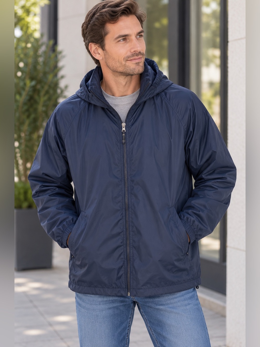 Lands’ End Navy Ripstop Fleece Lined Hooded Windbreaker Jacket Mens XL